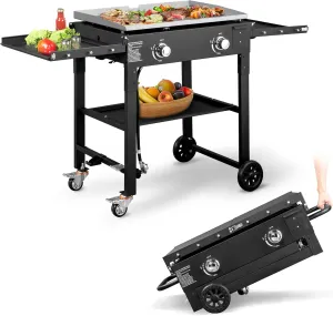 Minzan Foldable 2-Burner Flat Top Gas Griddle Cooking Station for Backyard Barbecue, Picnic, Camping (Silver)