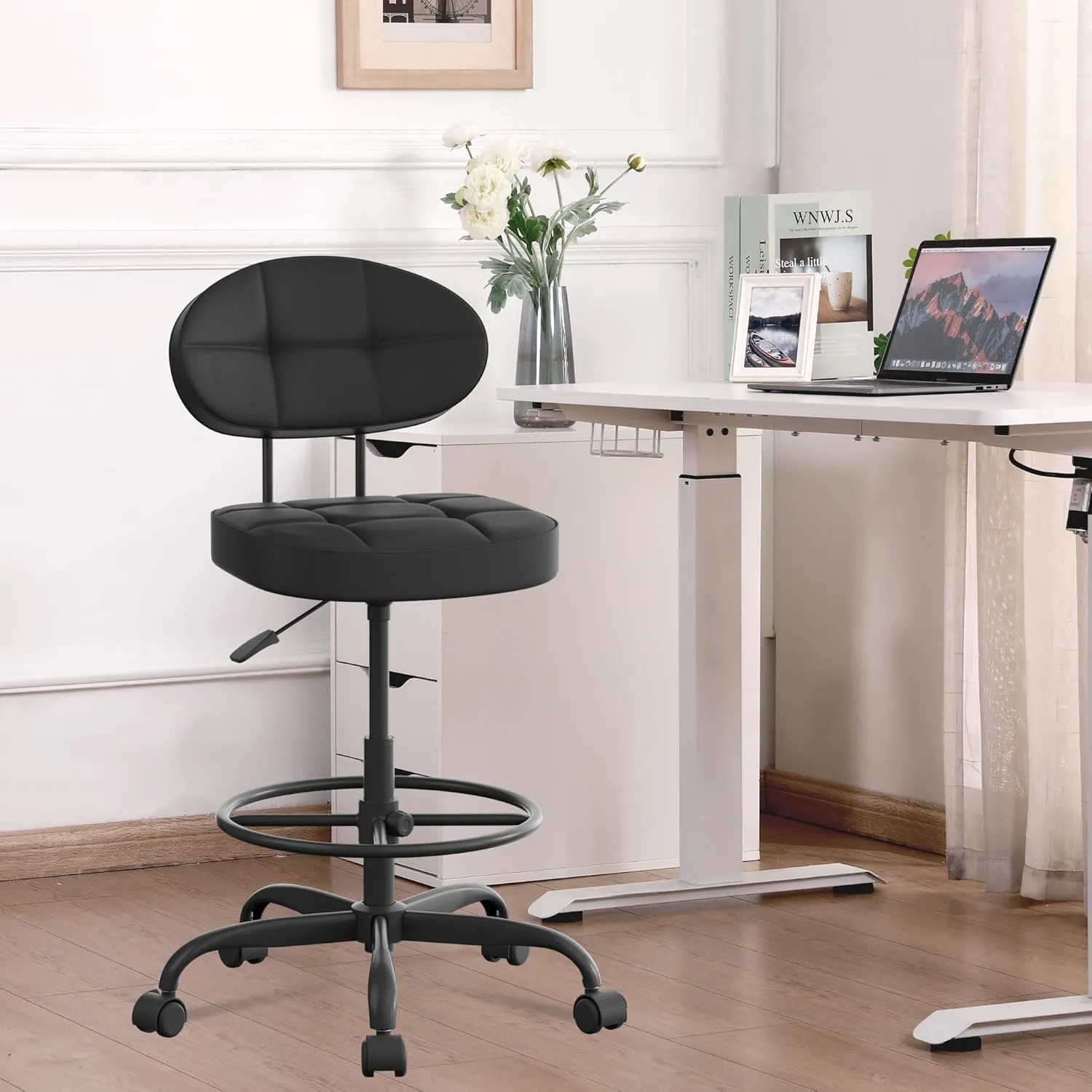 Misolant Drafting Chair Without Arms, Tall Office Chair with Footrest Ring for Standing Desk, Small Faux Leather Executive Office Chair with Adjustable Height for Bar Lab Counter Height Desk, Black