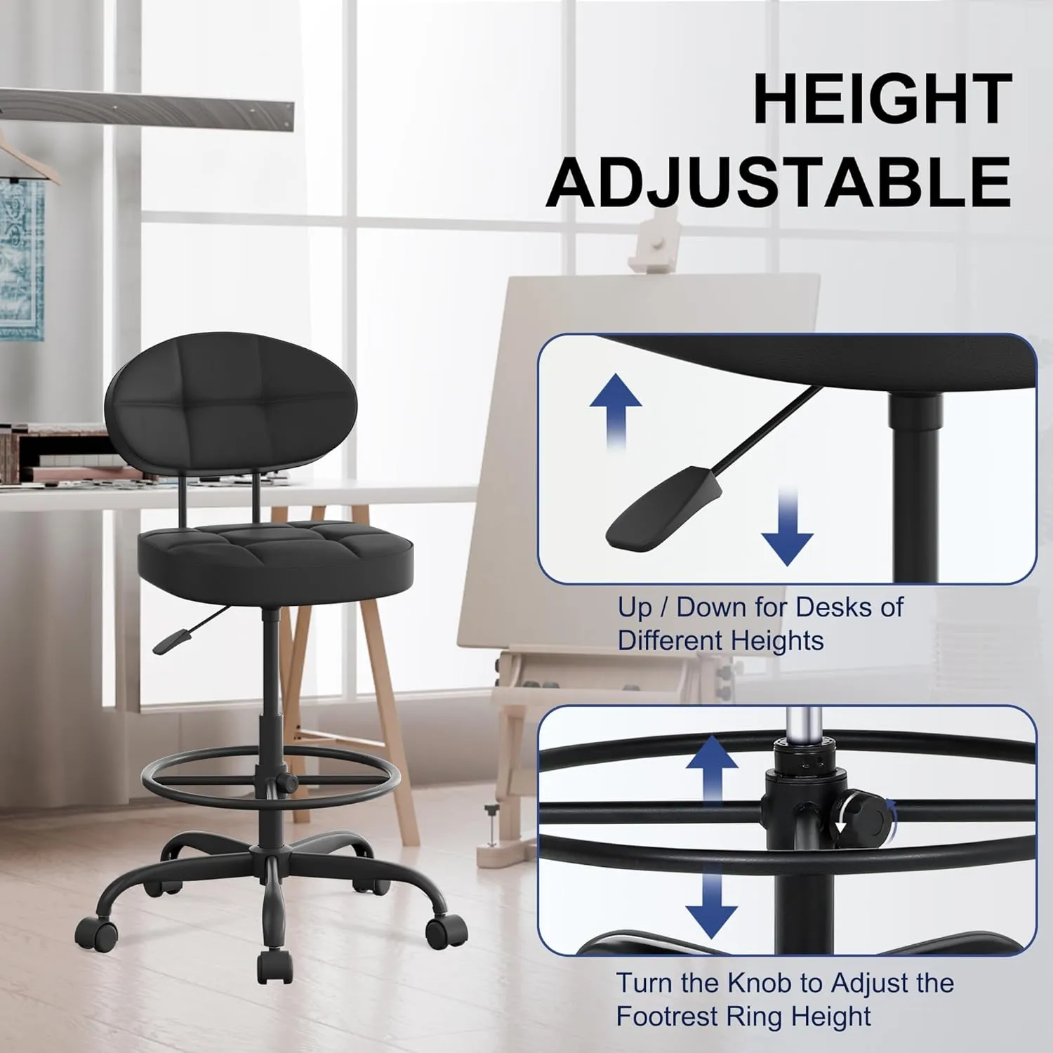 Misolant Drafting Chair Without Arms, Tall Office Chair with Footrest Ring for Standing Desk, Small Faux Leather Executive Office Chair with Adjustable Height for Bar Lab Counter Height Desk, Black