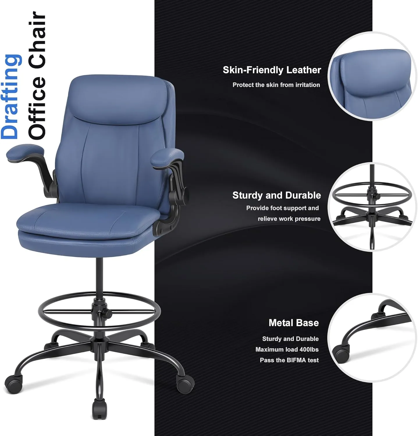 Misolant Leather Drafting Chair, Tall Office Chair for Standing Desk, High Executive Office Chair with Adjustable Height and Flip-up Armrest for Counter Height Desk