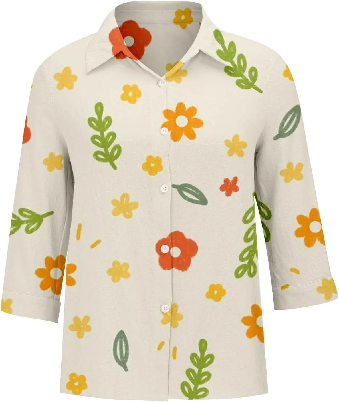 Miyaomn Casual Floral Linen Tops for Women Long Sleeve Button Down Shirts All Over Print V Neck Loose Fit Summer Fall Blouses