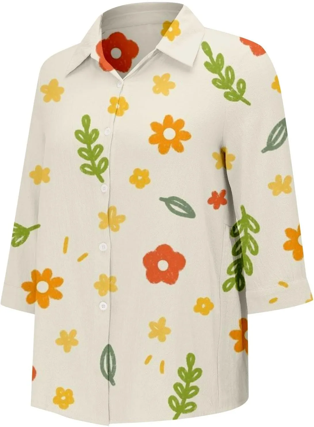 Miyaomn Casual Floral Linen Tops for Women Long Sleeve Button Down Shirts All Over Print V Neck Loose Fit Summer Fall Blouses
