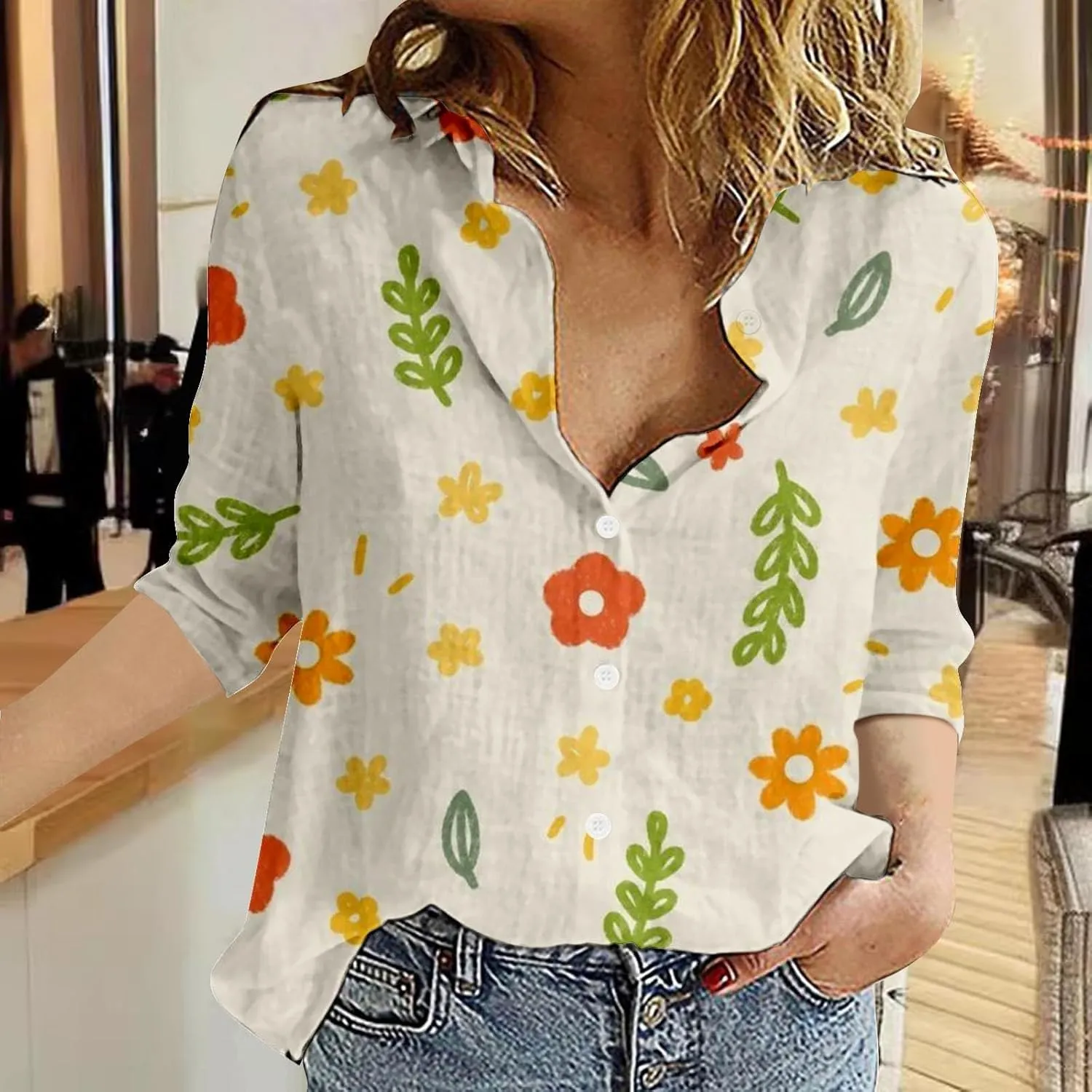 Miyaomn Casual Floral Linen Tops for Women Long Sleeve Button Down Shirts All Over Print V Neck Loose Fit Summer Fall Blouses