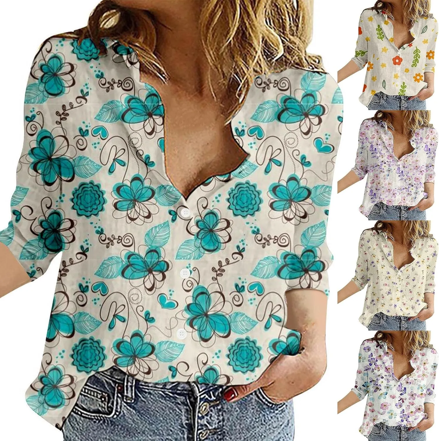 Miyaomn Casual Floral Linen Tops for Women Long Sleeve Button Down Shirts All Over Print V Neck Loose Fit Summer Fall Blouses