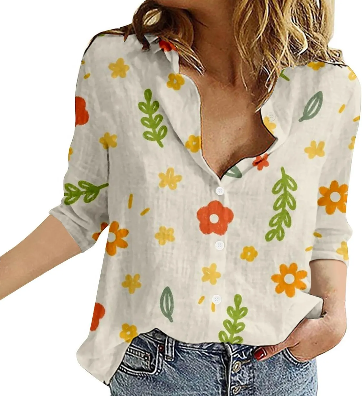 Miyaomn Casual Floral Linen Tops for Women Long Sleeve Button Down Shirts All Over Print V Neck Loose Fit Summer Fall Blouses