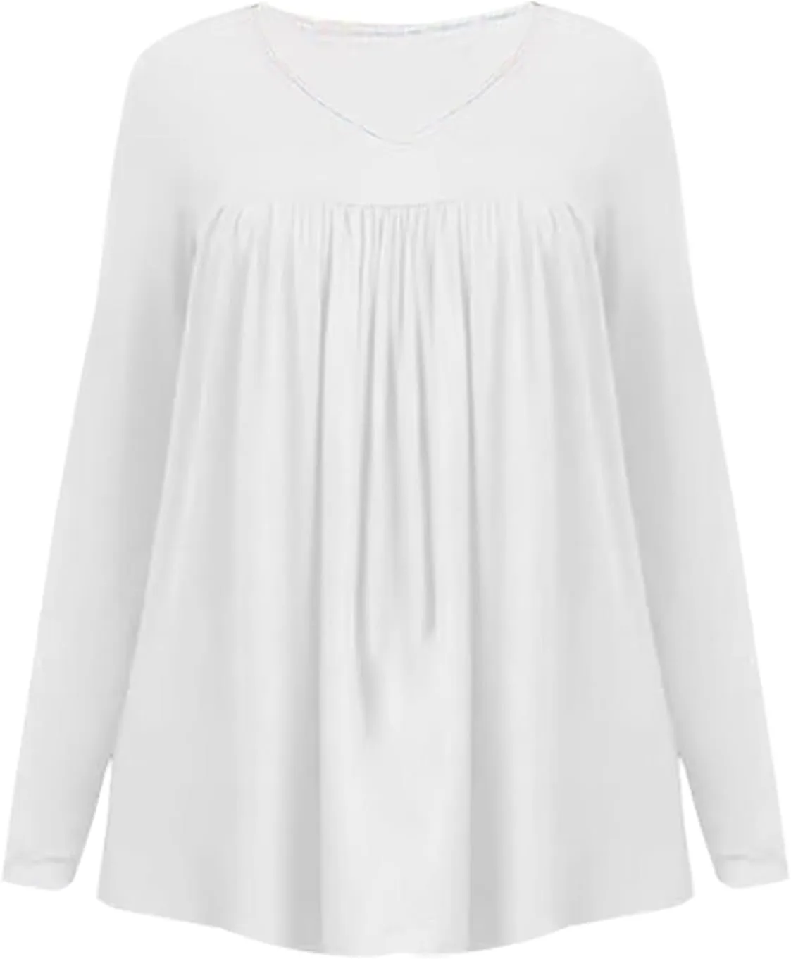 Miyaomn Casual Long Sleeve Tunic Tops for Women V Neck Pleated Front T-Shirts Hide Belly Slim Fit Spring Fall Dressy Blouses
