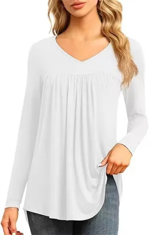 Miyaomn Casual Long Sleeve Tunic Tops for Women V Neck Pleated Front T-Shirts Hide Belly Slim Fit Spring Fall Dressy Blouses