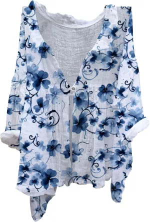 Miyaomn Women's Cotton Linen Blouse Shirt Boho Floral Print Button Down Long Sleeve V Neck Spring Fall Casual Loose Tunic Top