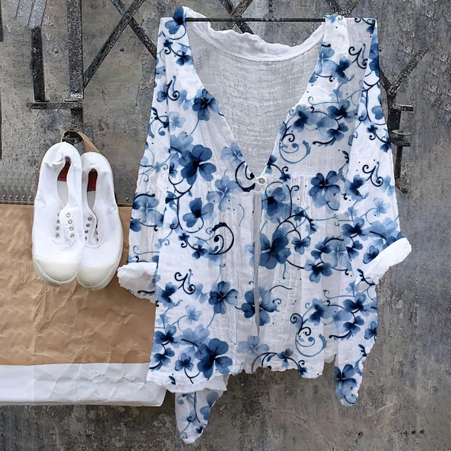 Miyaomn Women's Cotton Linen Blouse Shirt Boho Floral Print Button Down Long Sleeve V Neck Spring Fall Casual Loose Tunic Top