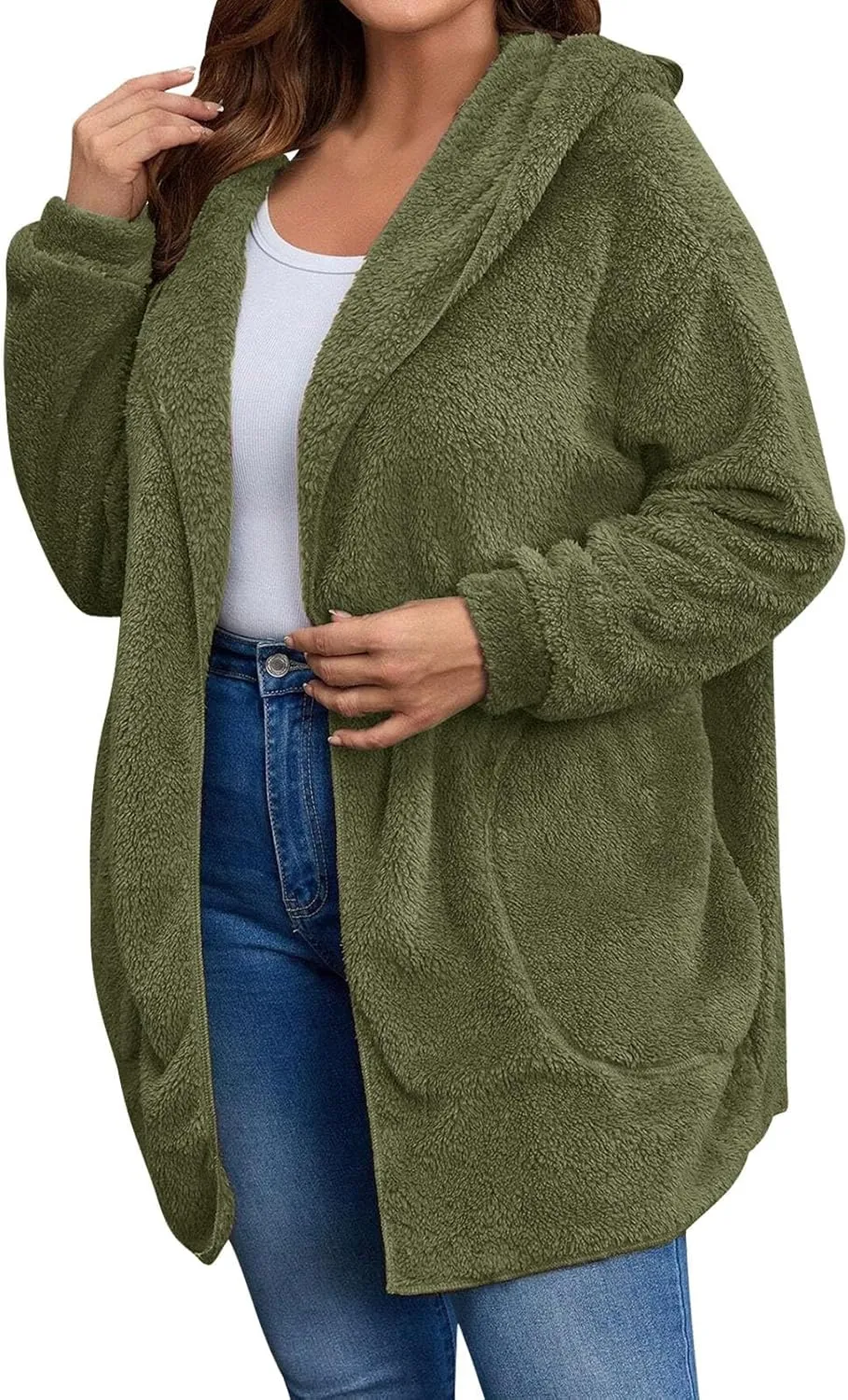 Miyaomn Women's Hooded Cardigans Fuzzy Fleece Oversized Long Jackets Hoodies Winter Warm Open Front Plush Sherpa Coat Outwear