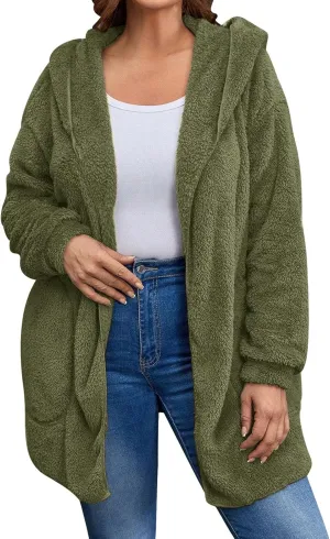 Miyaomn Women's Hooded Cardigans Fuzzy Fleece Oversized Long Jackets Hoodies Winter Warm Open Front Plush Sherpa Coat Outwear
