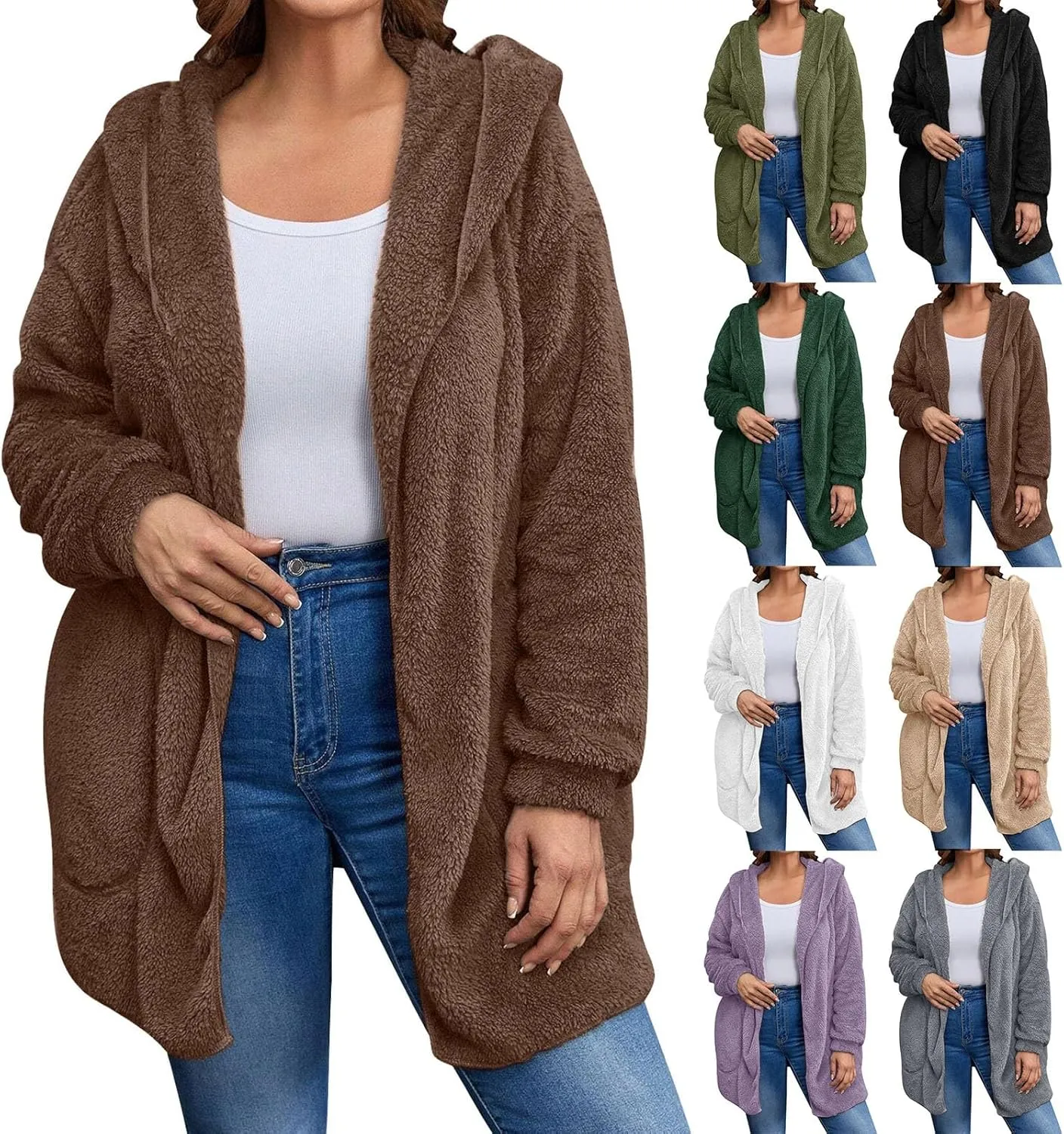 Miyaomn Women's Hooded Cardigans Fuzzy Fleece Oversized Long Jackets Hoodies Winter Warm Open Front Plush Sherpa Coat Outwear
