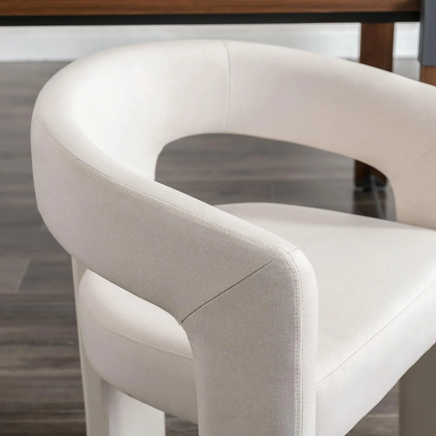 Modern Barrel Dining Chair, Linen Upholstered Accent Side Chair with Arms Comfy Makeup Vanity Chair, Dining Living Room Kitchen Chair, Beige