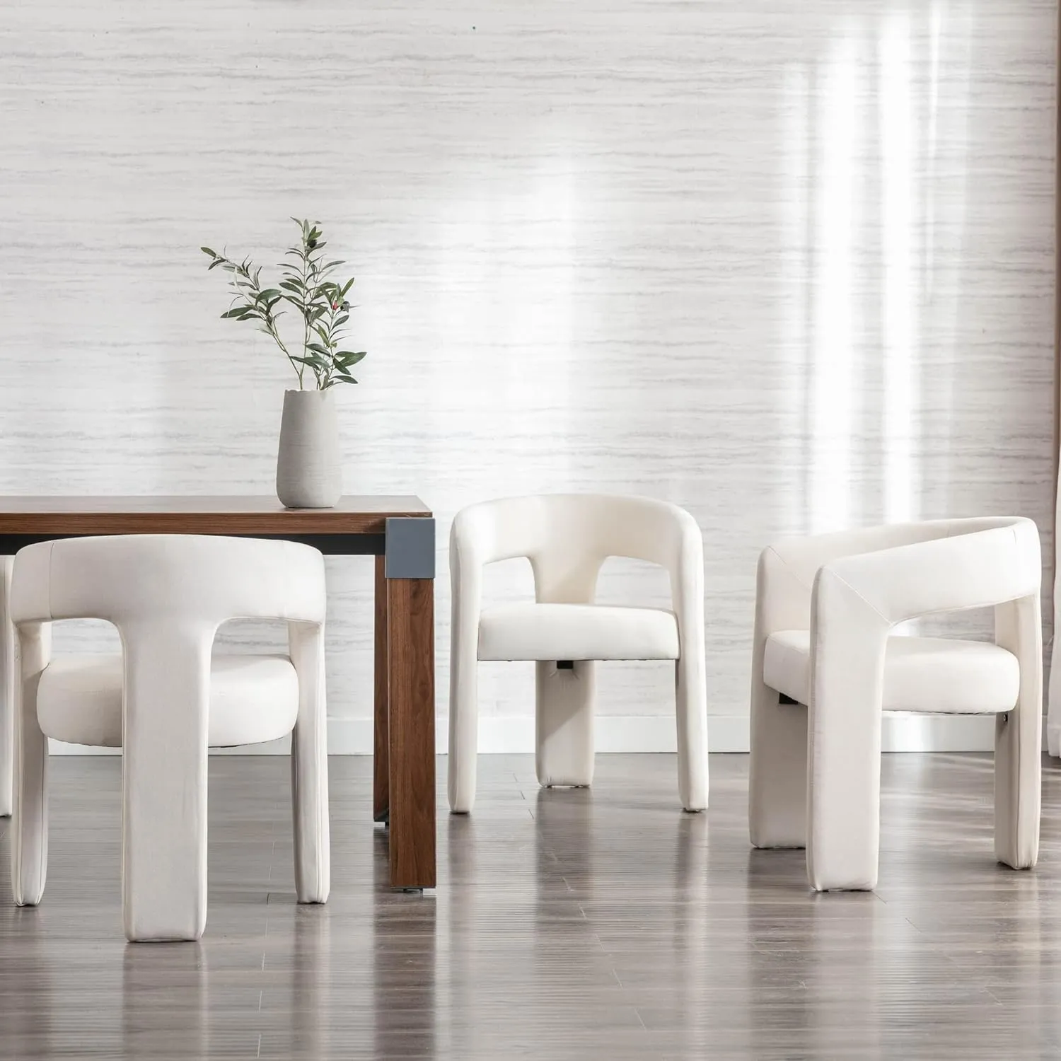 Modern Barrel Dining Chair, Linen Upholstered Accent Side Chair with Arms Comfy Makeup Vanity Chair, Dining Living Room Kitchen Chair, Beige