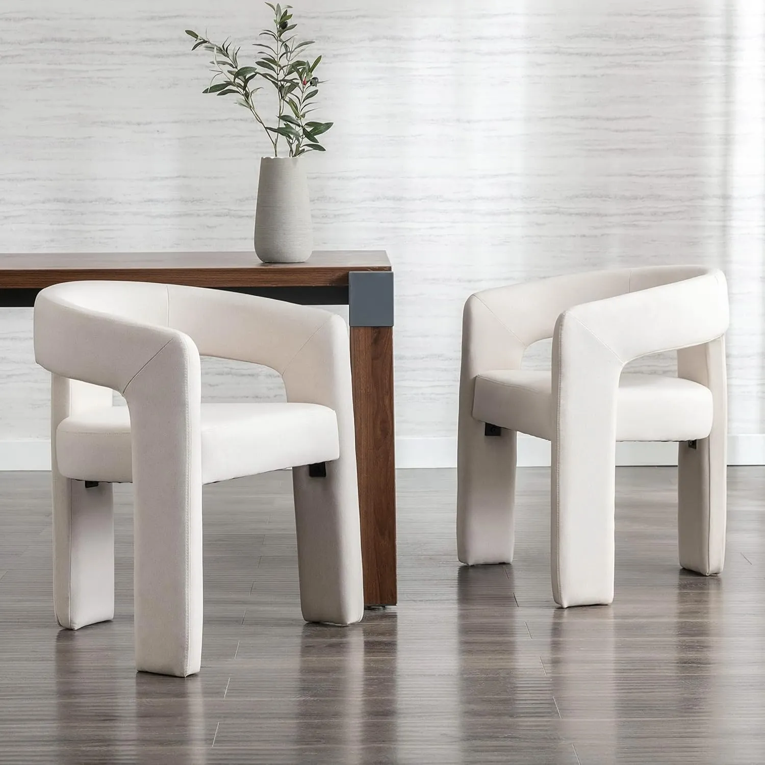 Modern Barrel Dining Chair, Linen Upholstered Accent Side Chair with Arms Comfy Makeup Vanity Chair, Dining Living Room Kitchen Chair, Beige