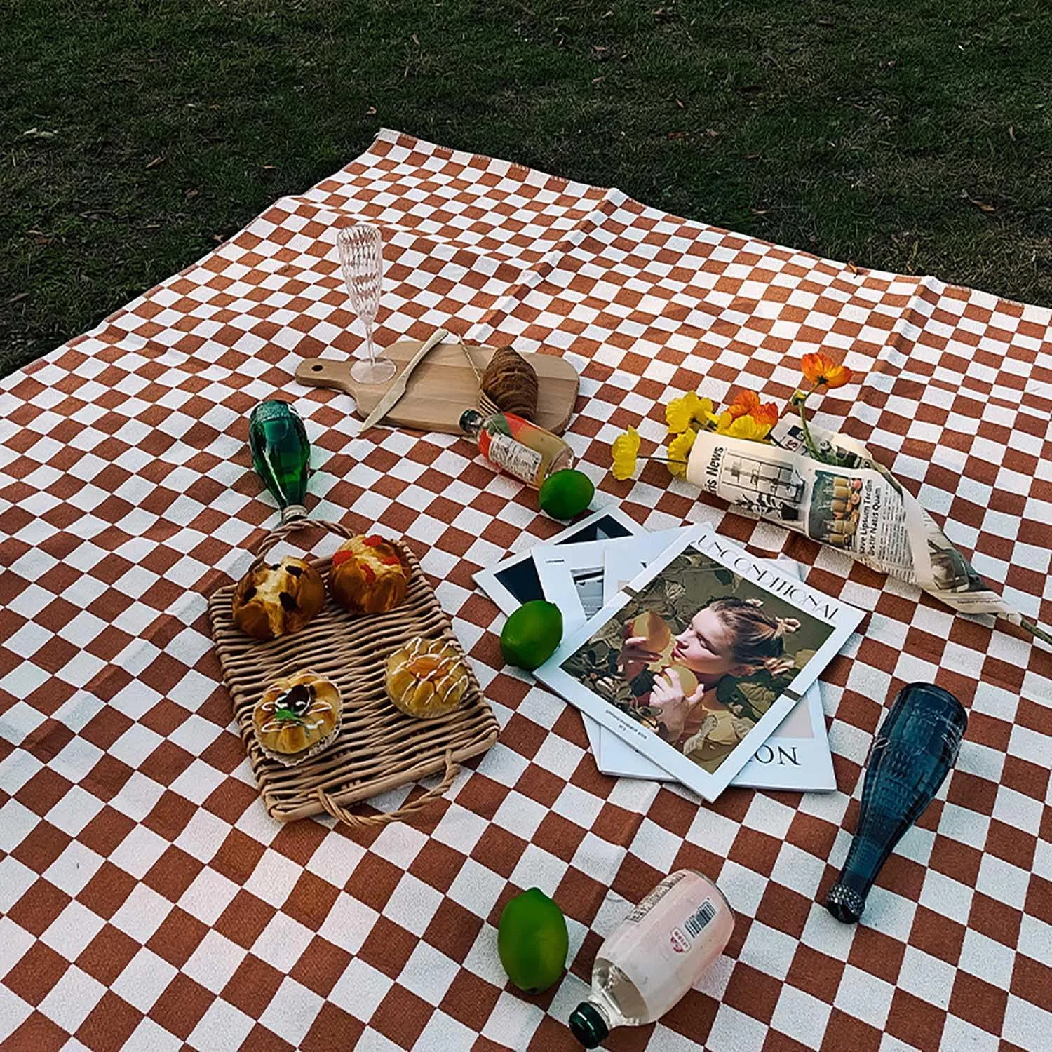 Modern Checkered Picnic Mat,Foldable Waterproof Sandproof Beach Blanket for Camping Hiking Outdoor Activities Lightweight Thin Ground Sheet for Travel Accessories,Yellow,150x150cm/60 x60