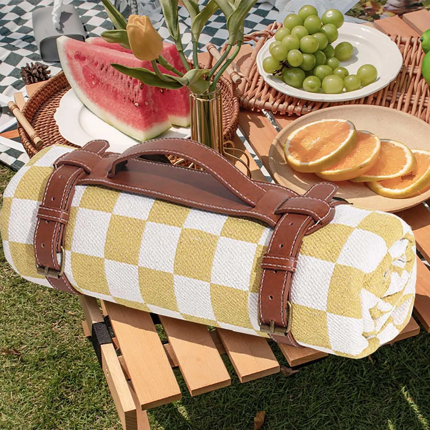 Modern Checkered Picnic Mat,Foldable Waterproof Sandproof Beach Blanket for Camping Hiking Outdoor Activities Lightweight Thin Ground Sheet for Travel Accessories,Yellow,150x150cm/60 x60