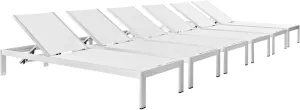 Modway Shore Aluminum Textilene® Mesh Outdoor Patio Six Poolside Chaise Lounge Chairs in Silver White