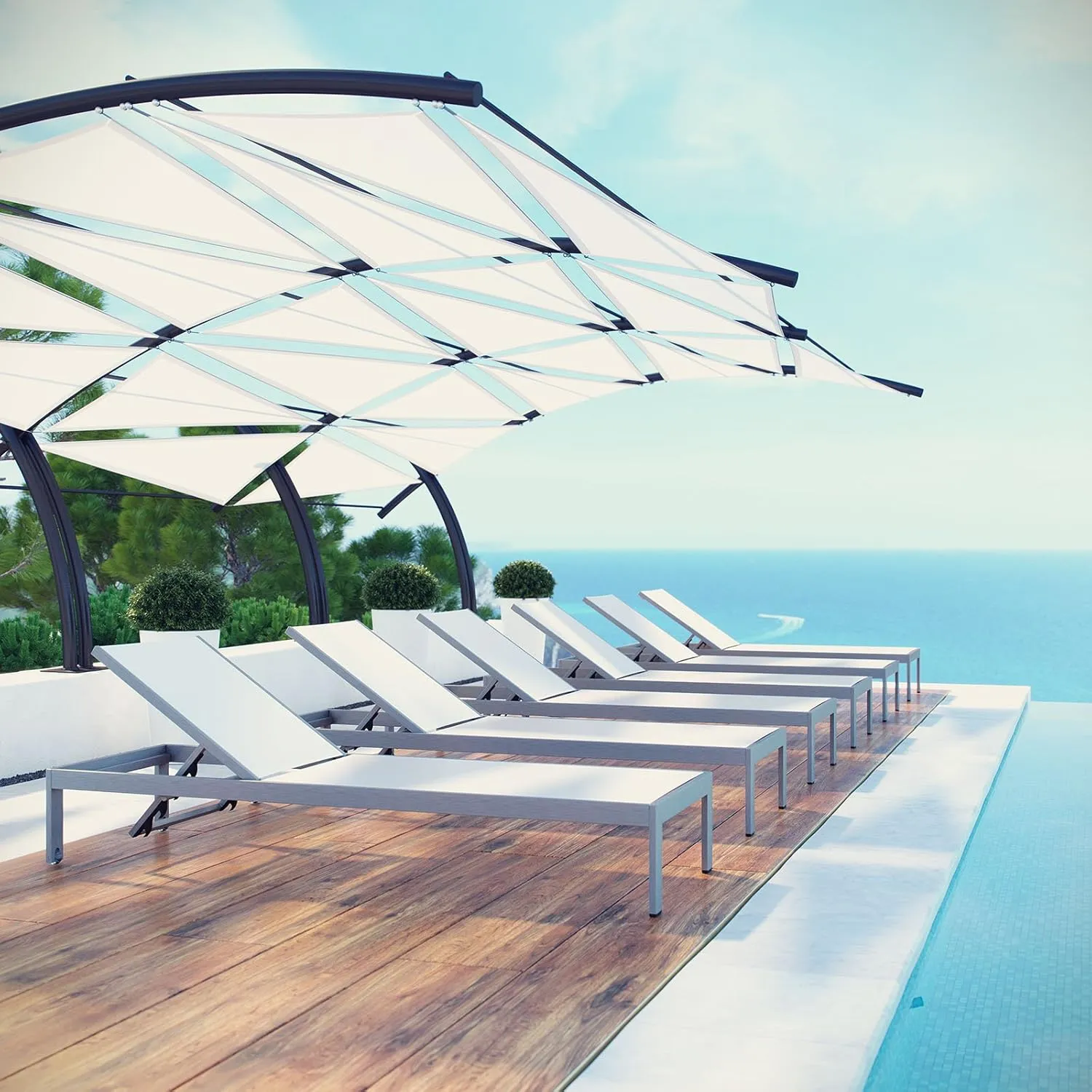 Modway Shore Aluminum Textilene® Mesh Outdoor Patio Six Poolside Chaise Lounge Chairs in Silver White