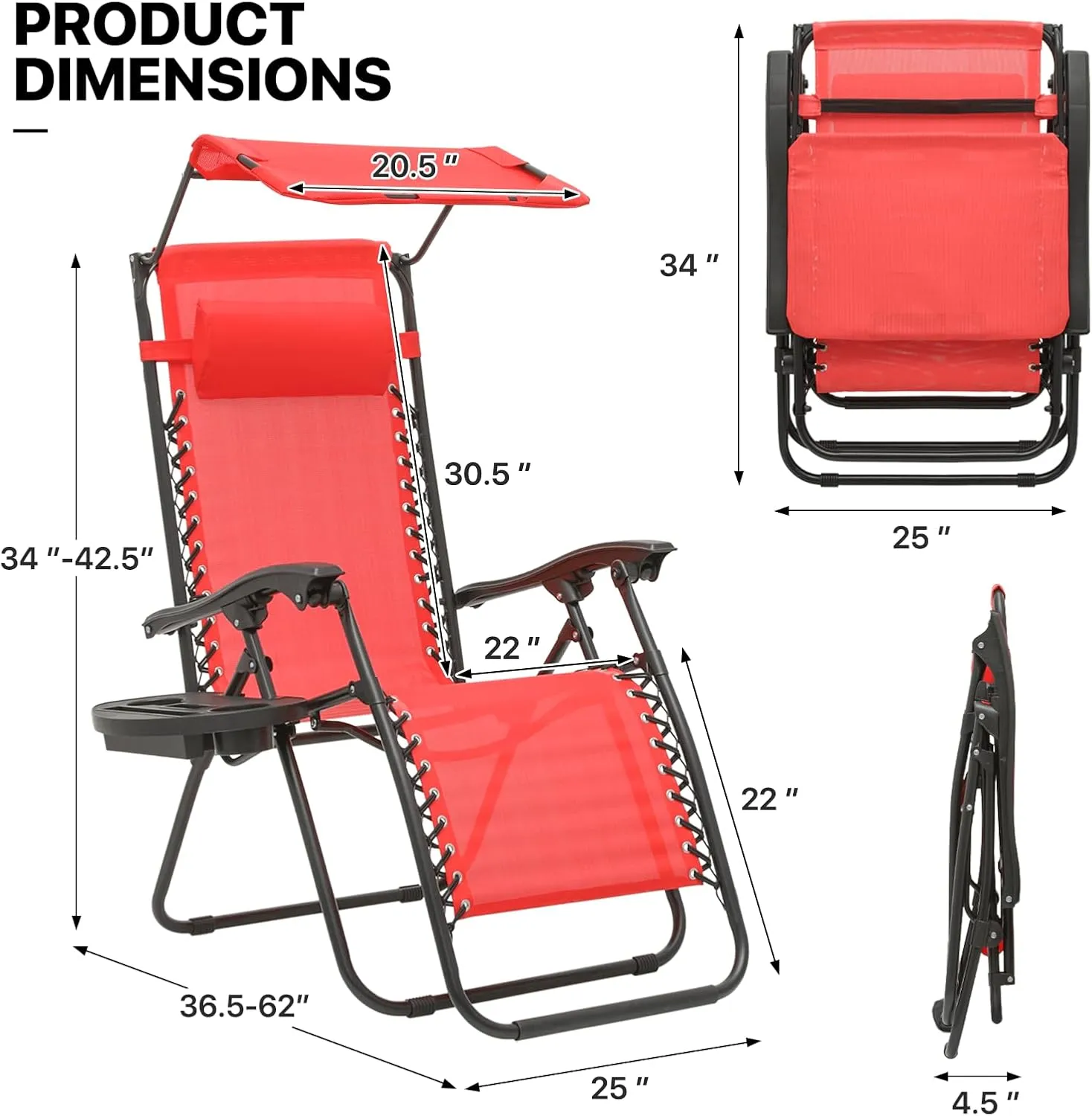 MoNiBloom Patio Zero Gravity Chair Outdoor Recliner Lounger with Canopy Shade and Foot Rest, Cup Holder, 330lbs Capacity, Red