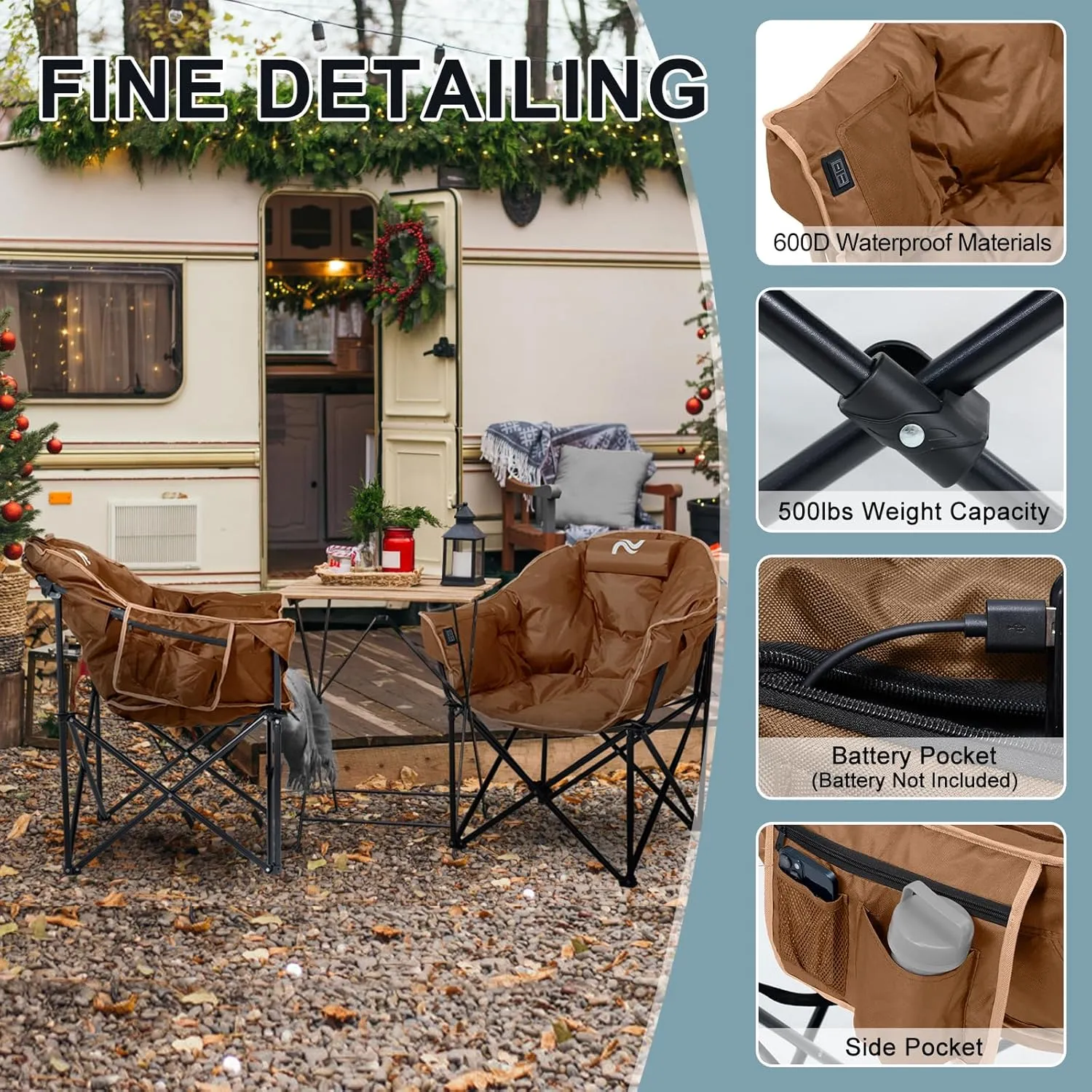 MOPHOTO Heated Camping Chair, Portable Heated Camping Chairs Outdoor, Padded Oversized Heated Folding Chairs Outdoor Sports, Heating Lawn Chair Patio Lounge Chairs for Adults