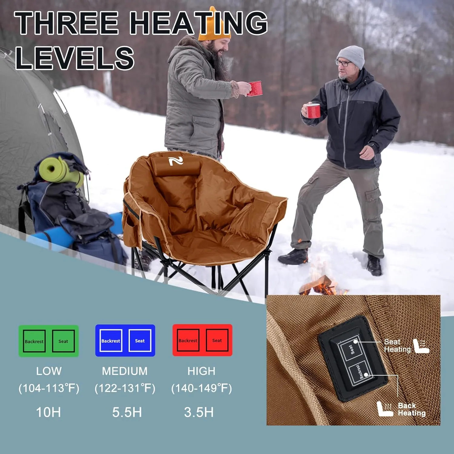 MOPHOTO Heated Camping Chair, Portable Heated Camping Chairs Outdoor, Padded Oversized Heated Folding Chairs Outdoor Sports, Heating Lawn Chair Patio Lounge Chairs for Adults