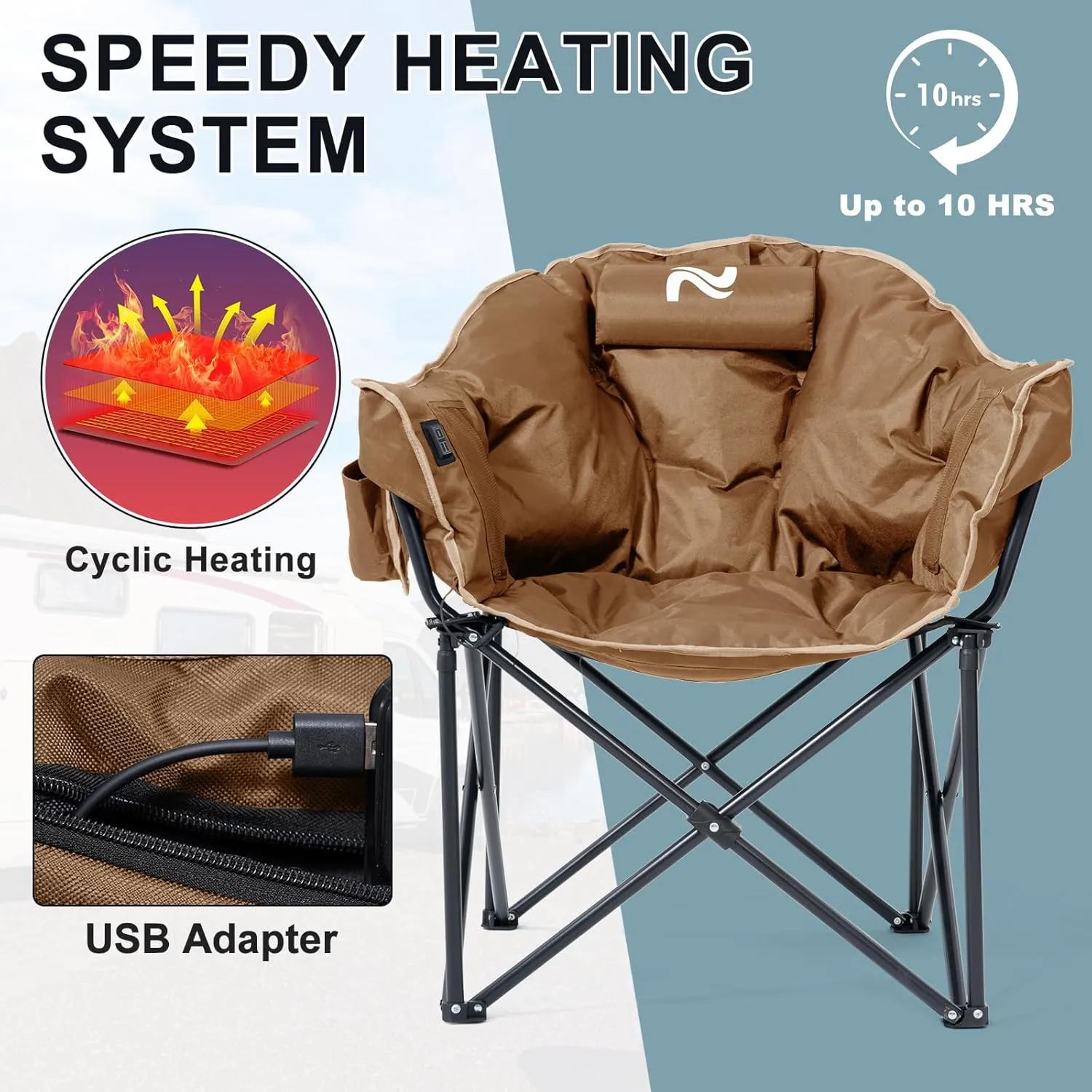 MOPHOTO Heated Camping Chair, Portable Heated Camping Chairs Outdoor, Padded Oversized Heated Folding Chairs Outdoor Sports, Heating Lawn Chair Patio Lounge Chairs for Adults