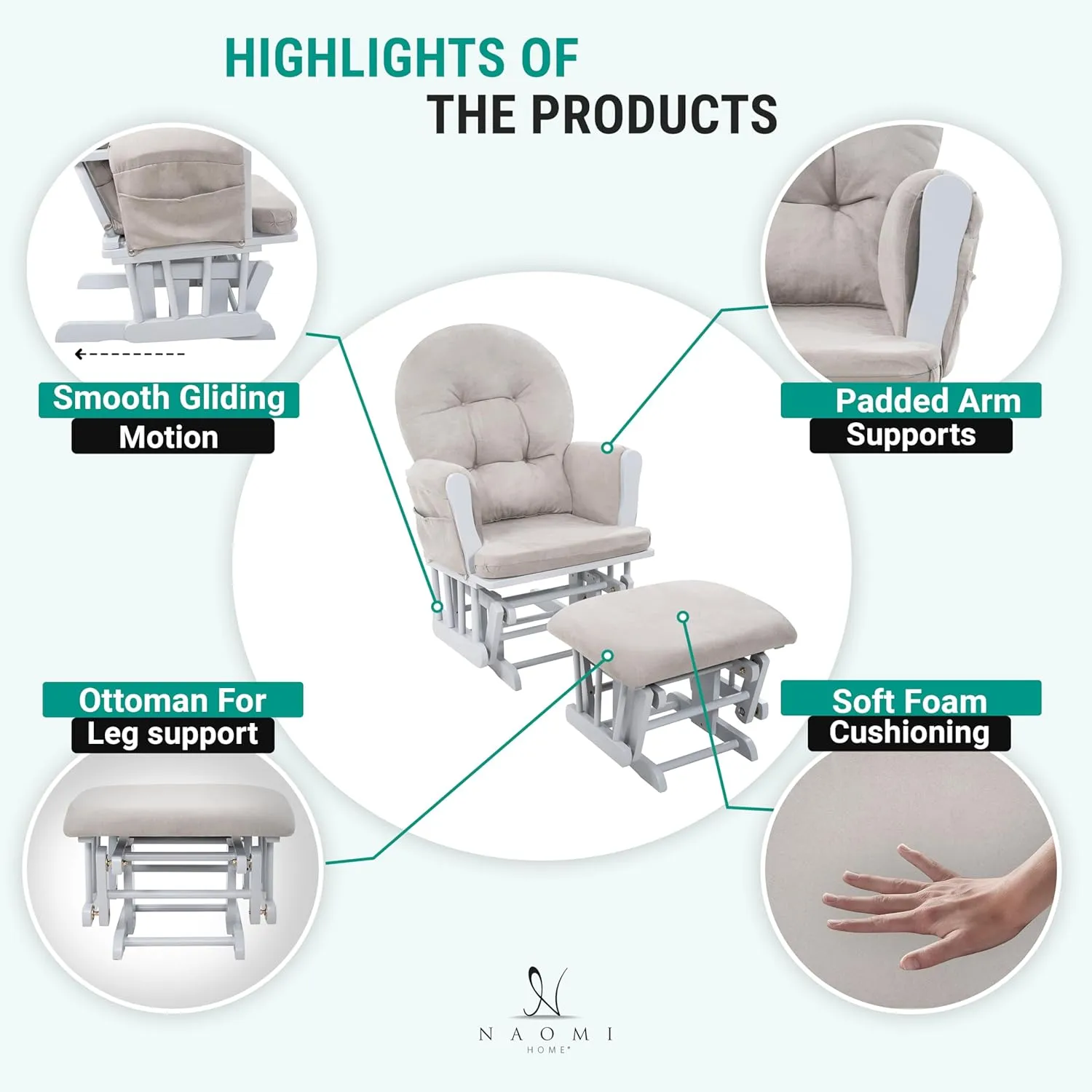Naomi Home Nursery Glider & Ottoman Sets, Reclining Glider Rocker with Ottoman, Nursery Rocking Breastfeeding Maternity Chair for Baby Room, Recliner Glider with Ottoman, Padded Arms - Light Gray