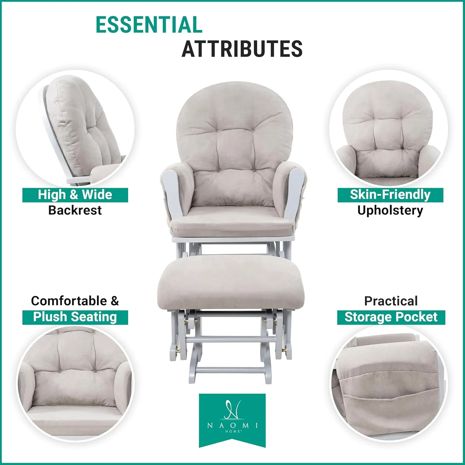 Naomi Home Nursery Glider & Ottoman Sets, Reclining Glider Rocker with Ottoman, Nursery Rocking Breastfeeding Maternity Chair for Baby Room, Recliner Glider with Ottoman, Padded Arms - Light Gray