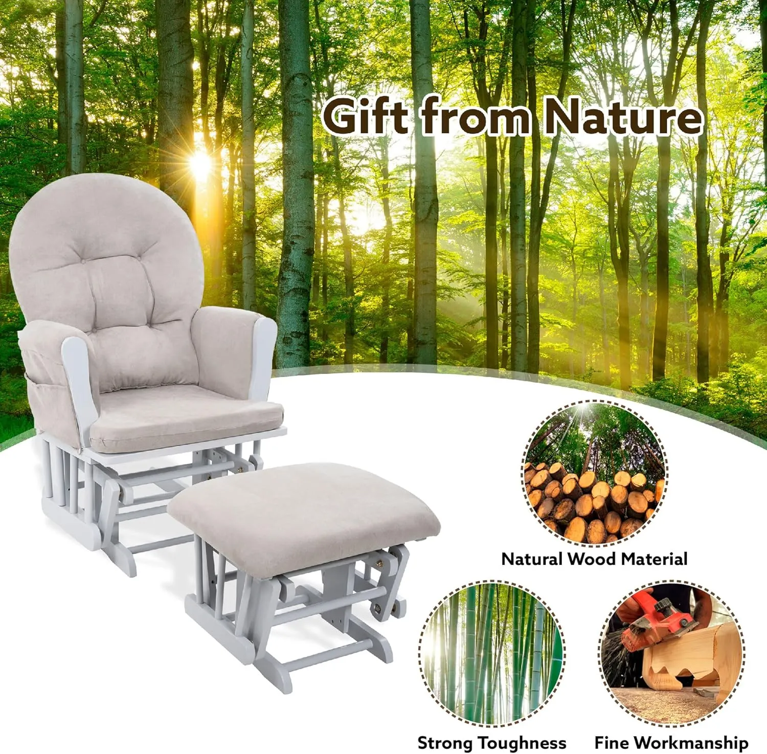 Naomi Home Nursery Glider & Ottoman Sets, Reclining Glider Rocker with Ottoman, Nursery Rocking Breastfeeding Maternity Chair for Baby Room, Recliner Glider with Ottoman, Padded Arms - Light Gray