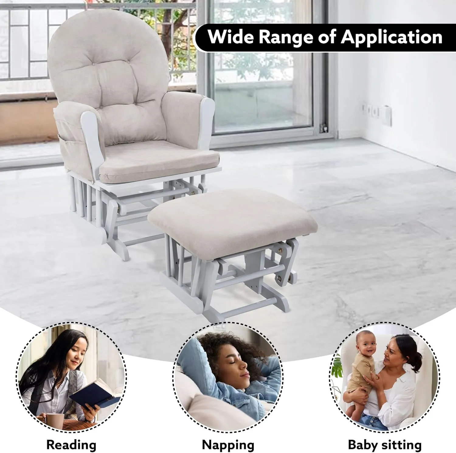 Naomi Home Nursery Glider & Ottoman Sets, Reclining Glider Rocker with Ottoman, Nursery Rocking Breastfeeding Maternity Chair for Baby Room, Recliner Glider with Ottoman, Padded Arms - Light Gray