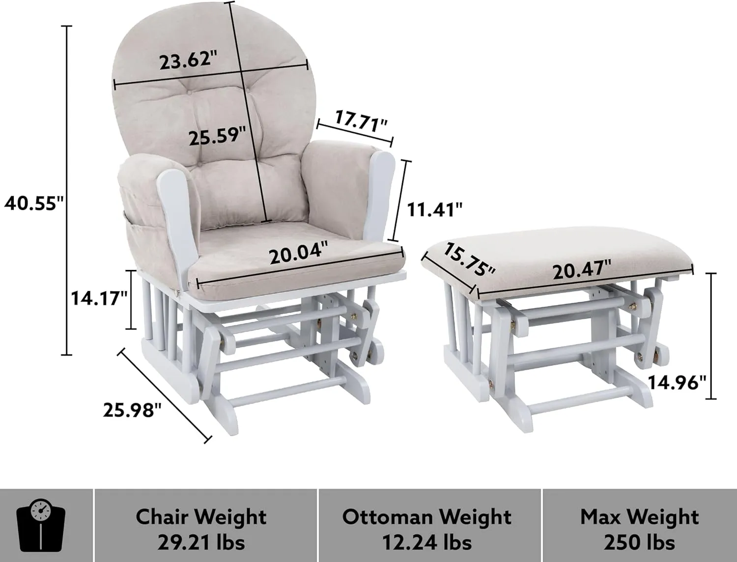 Naomi Home Nursery Glider & Ottoman Sets, Reclining Glider Rocker with Ottoman, Nursery Rocking Breastfeeding Maternity Chair for Baby Room, Recliner Glider with Ottoman, Padded Arms - Light Gray