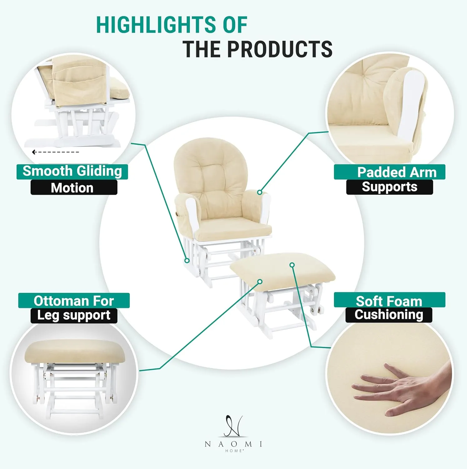 Naomi Home Nursery Glider & Ottoman Sets, Reclining Glider Rocker with Ottoman, Nursery Rocking Breastfeeding Maternity Chair for Baby Room, Recliner Glider with Ottoman, Padded Arms - White, Cream