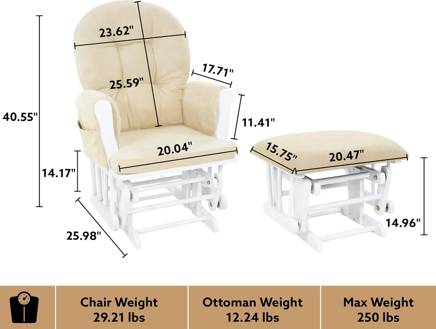 Naomi Home Nursery Glider & Ottoman Sets, Reclining Glider Rocker with Ottoman, Nursery Rocking Breastfeeding Maternity Chair for Baby Room, Recliner Glider with Ottoman, Padded Arms - White, Cream
