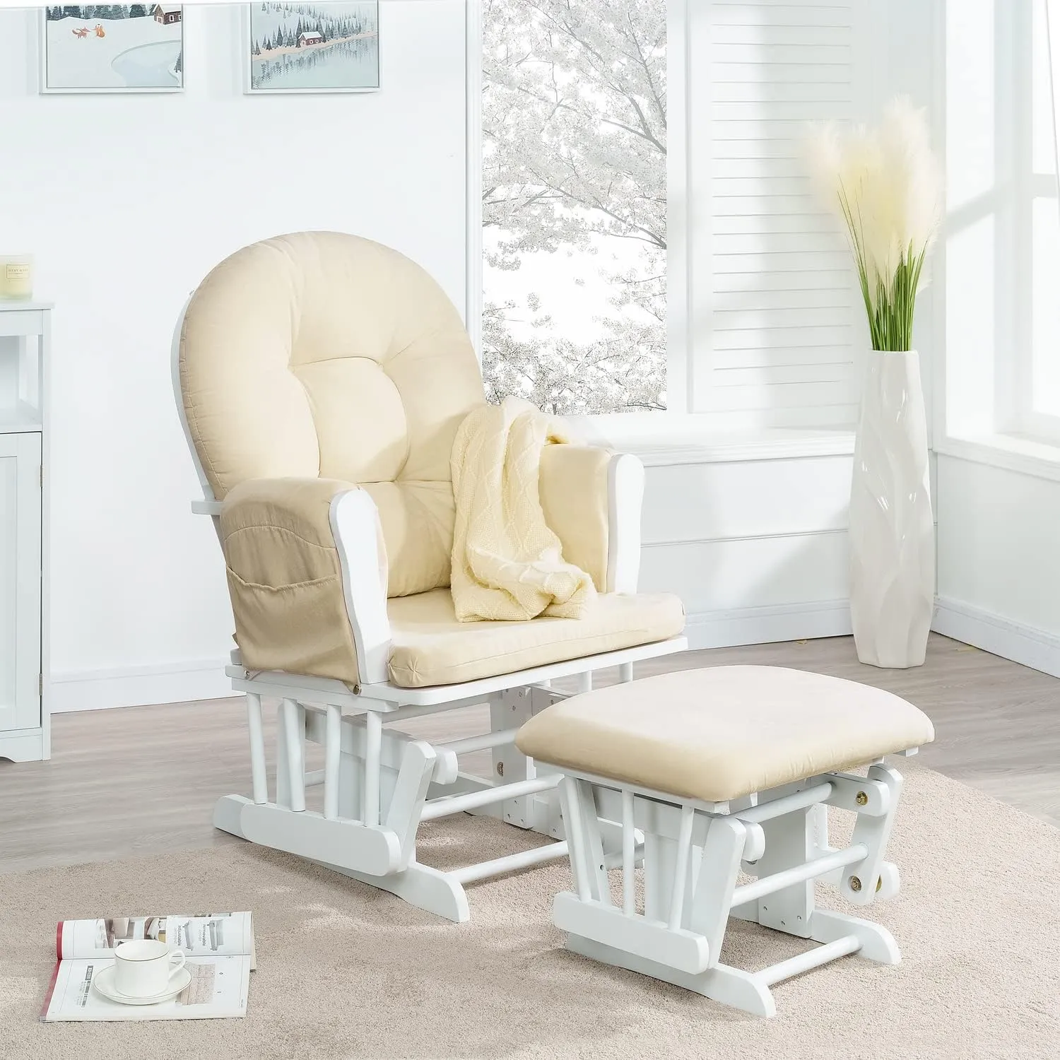 Naomi Home Nursery Glider & Ottoman Sets, Reclining Glider Rocker with Ottoman, Nursery Rocking Breastfeeding Maternity Chair for Baby Room, Recliner Glider with Ottoman, Padded Arms - White, Cream