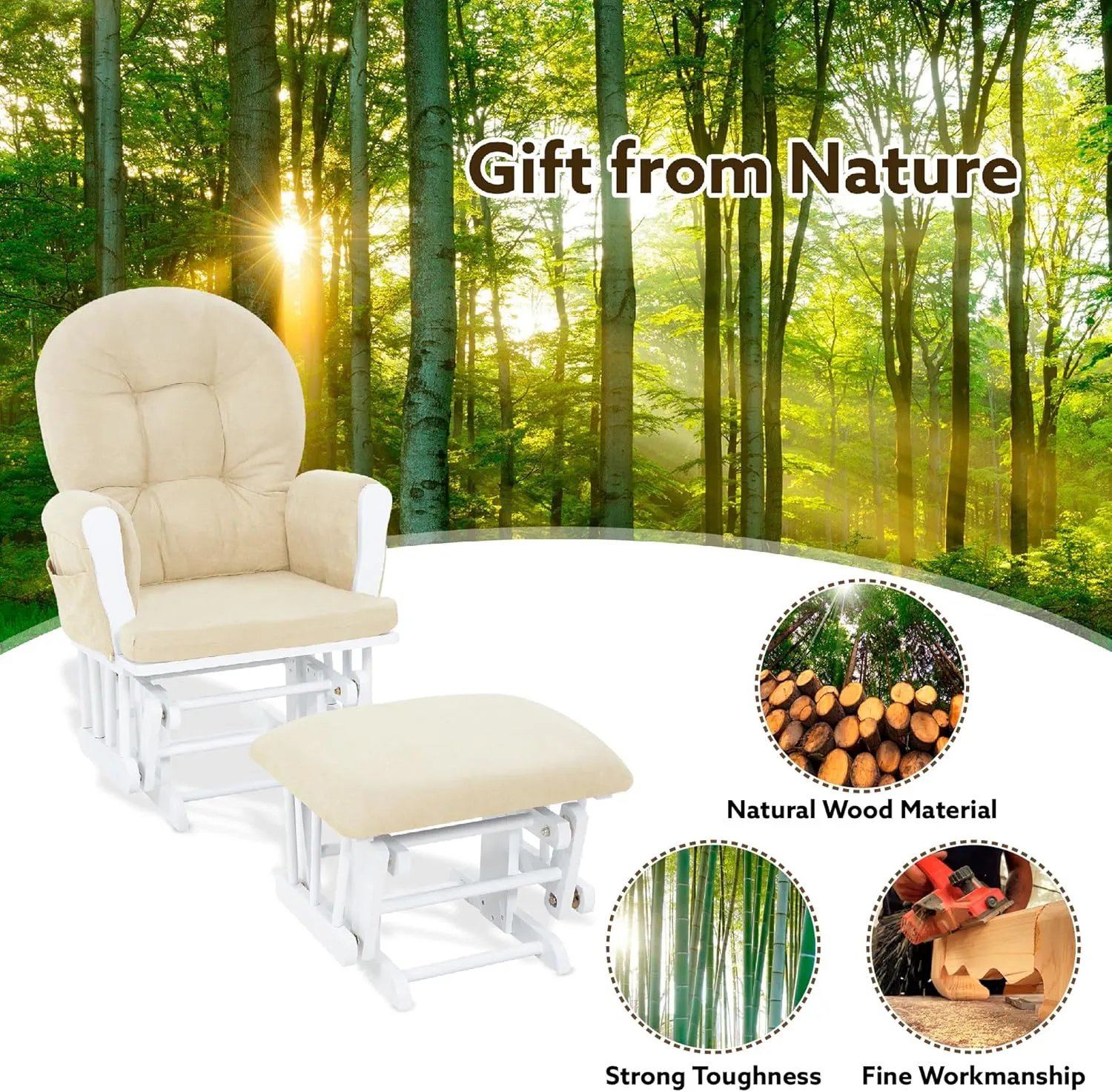 Naomi Home Nursery Glider & Ottoman Sets, Reclining Glider Rocker with Ottoman, Nursery Rocking Breastfeeding Maternity Chair for Baby Room, Recliner Glider with Ottoman, Padded Arms - White, Cream