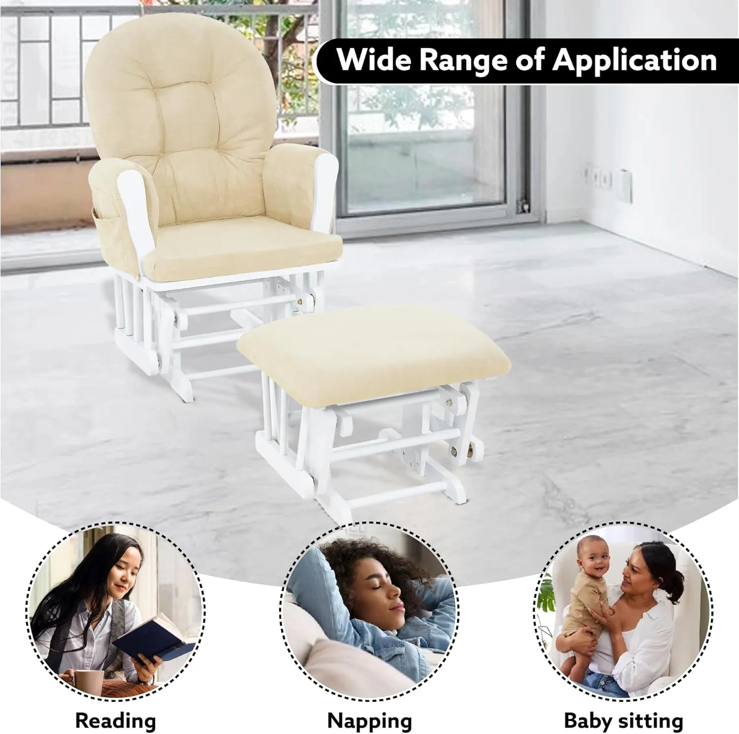 Naomi Home Nursery Glider & Ottoman Sets, Reclining Glider Rocker with Ottoman, Nursery Rocking Breastfeeding Maternity Chair for Baby Room, Recliner Glider with Ottoman, Padded Arms - White, Cream