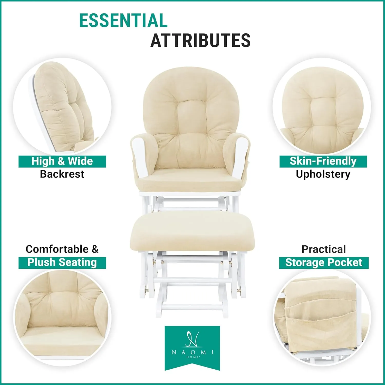 Naomi Home Nursery Glider & Ottoman Sets, Reclining Glider Rocker with Ottoman, Nursery Rocking Breastfeeding Maternity Chair for Baby Room, Recliner Glider with Ottoman, Padded Arms - White, Cream
