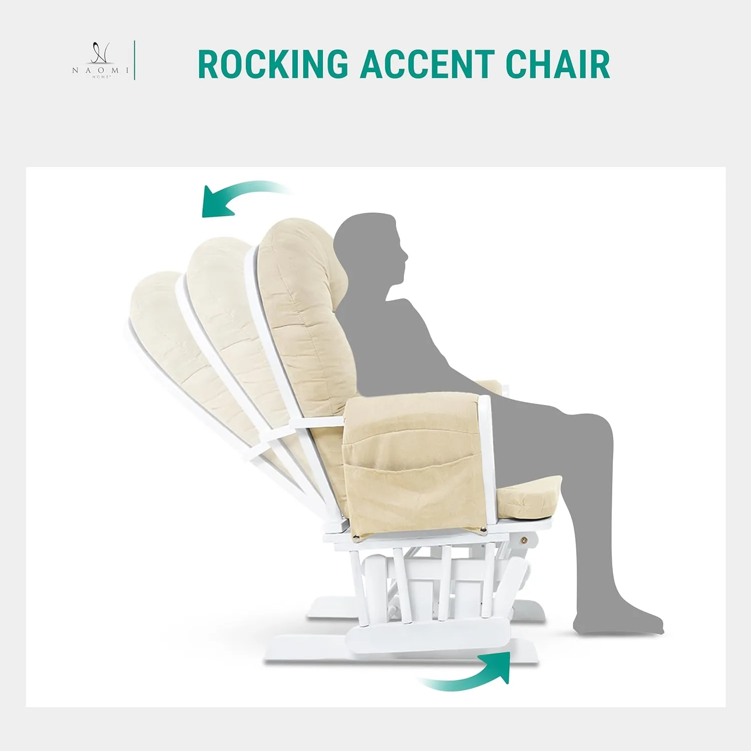 Naomi Home Nursery Glider & Ottoman Sets, Reclining Glider Rocker with Ottoman, Nursery Rocking Breastfeeding Maternity Chair for Baby Room, Recliner Glider with Ottoman, Padded Arms - White, Cream