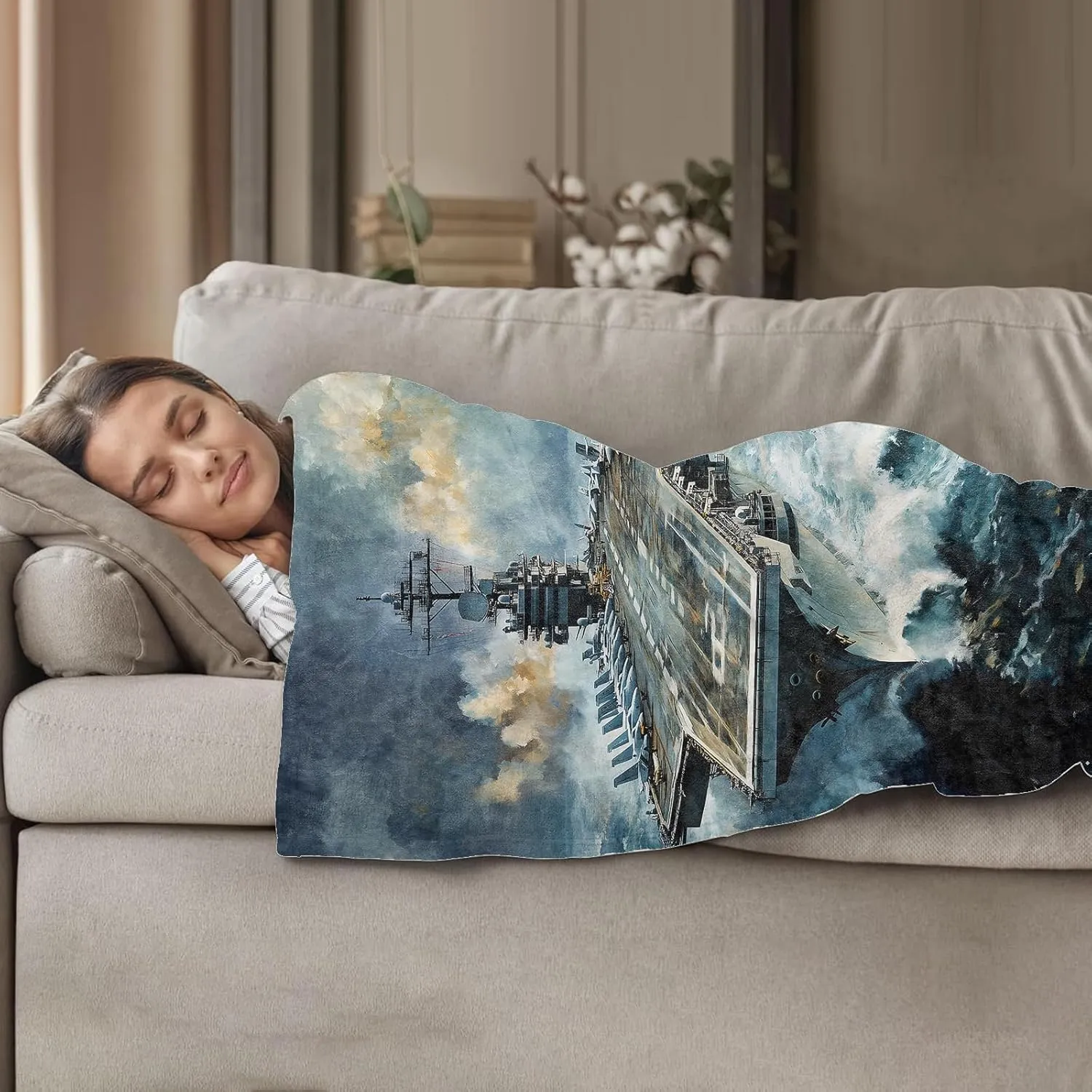 Nautical Adventure Throw Blanket 40"x50", Aircraft Carrier at Sea Theme Blankets for Living Room Couch, Home Decor, Soft Flannel Ocean Gifts for Adults and Women