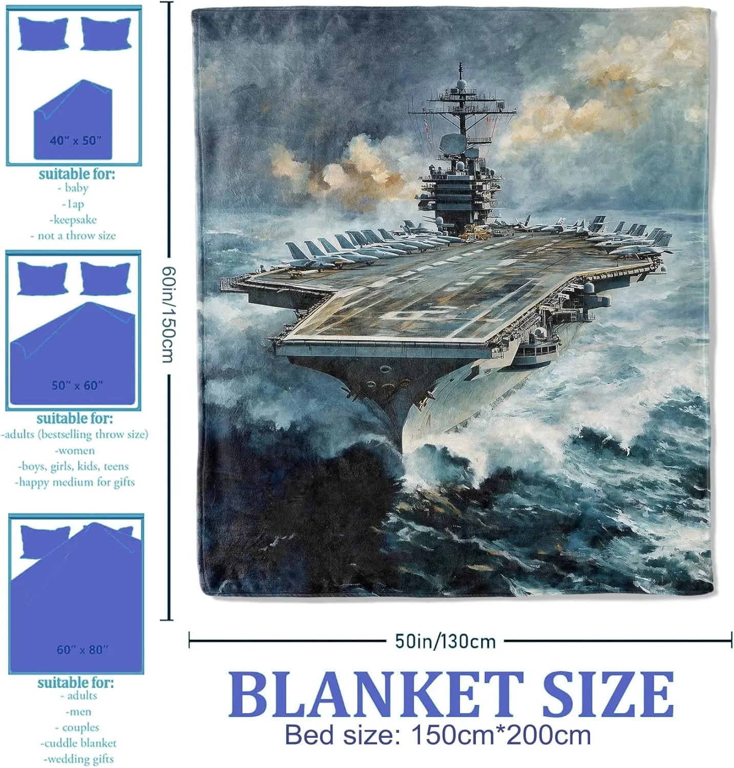 Nautical Adventure Throw Blanket 40"x50", Aircraft Carrier at Sea Theme Blankets for Living Room Couch, Home Decor, Soft Flannel Ocean Gifts for Adults and Women