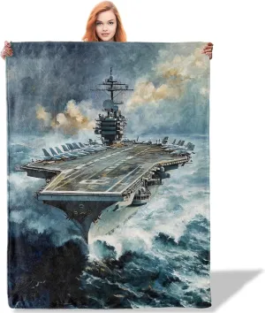 Nautical Adventure Throw Blanket 40"x50", Aircraft Carrier at Sea Theme Blankets for Living Room Couch, Home Decor, Soft Flannel Ocean Gifts for Adults and Women