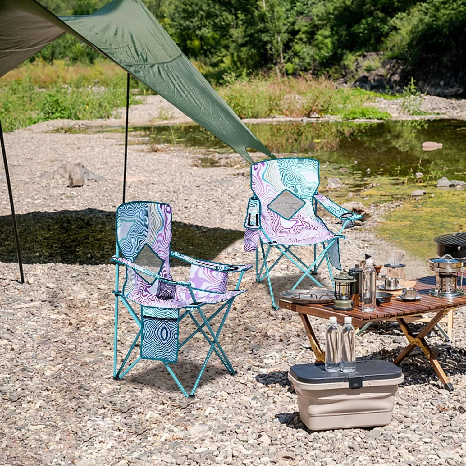 Nazhura 4 Pack Folding Camping Chair with Cooler Pouch, Mesh Backrest and Cup Holder Pocket (Flower, 2 Pack)
