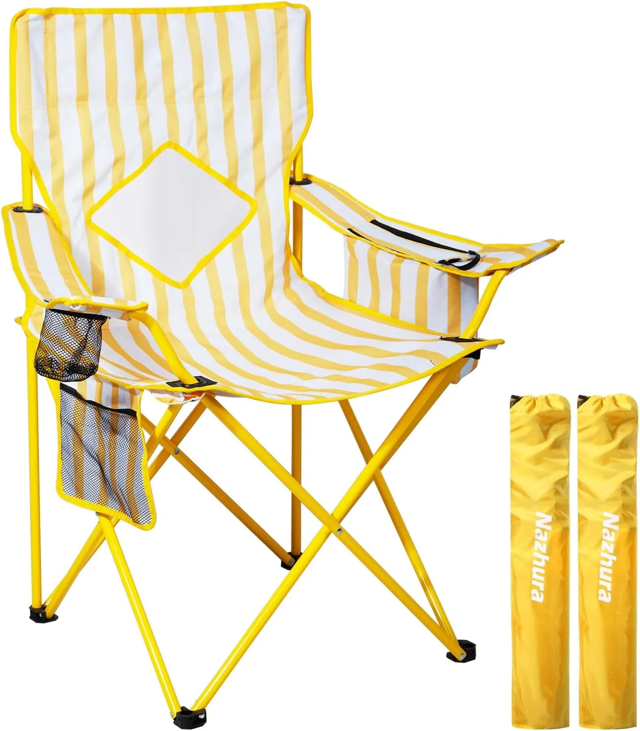 Nazhura 4 Pack Folding Camping Chair with Cooler Pouch, Mesh Backrest and Cup Holder Pocket (Yellow, 2 Pack)