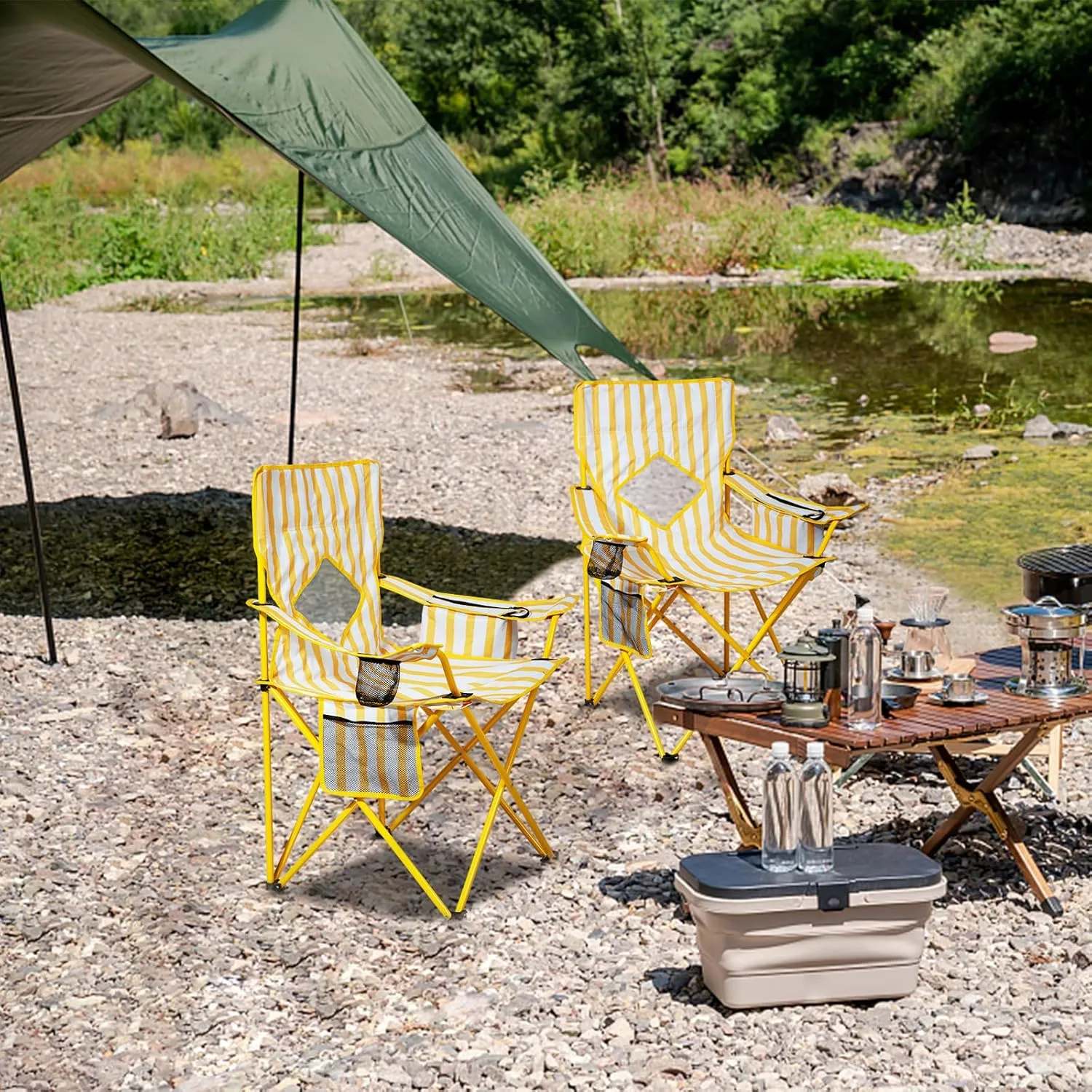 Nazhura 4 Pack Folding Camping Chair with Cooler Pouch, Mesh Backrest and Cup Holder Pocket (Yellow, 4 Pack)