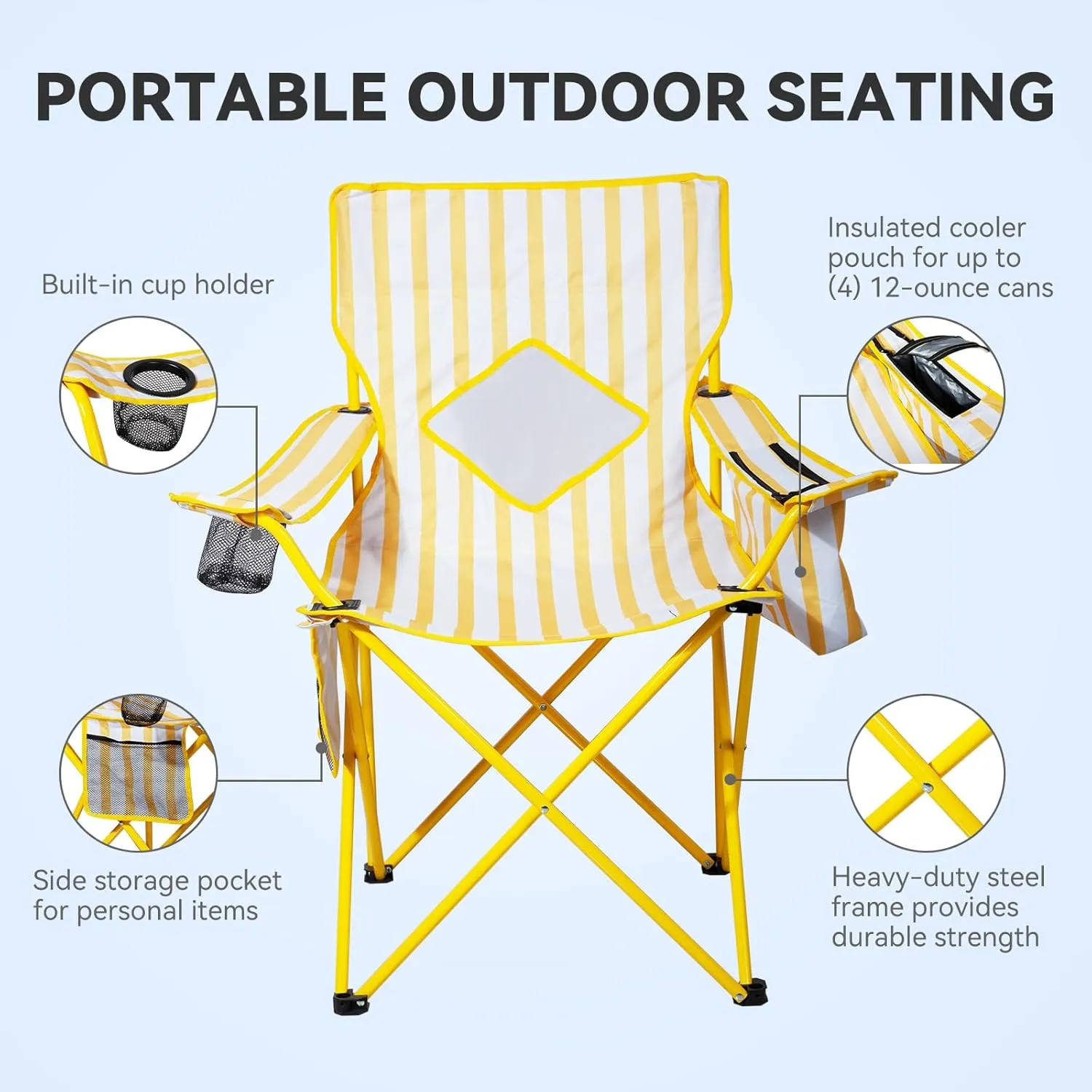 Nazhura 4 Pack Folding Camping Chair with Cooler Pouch, Mesh Backrest and Cup Holder Pocket (Yellow, 4 Pack)