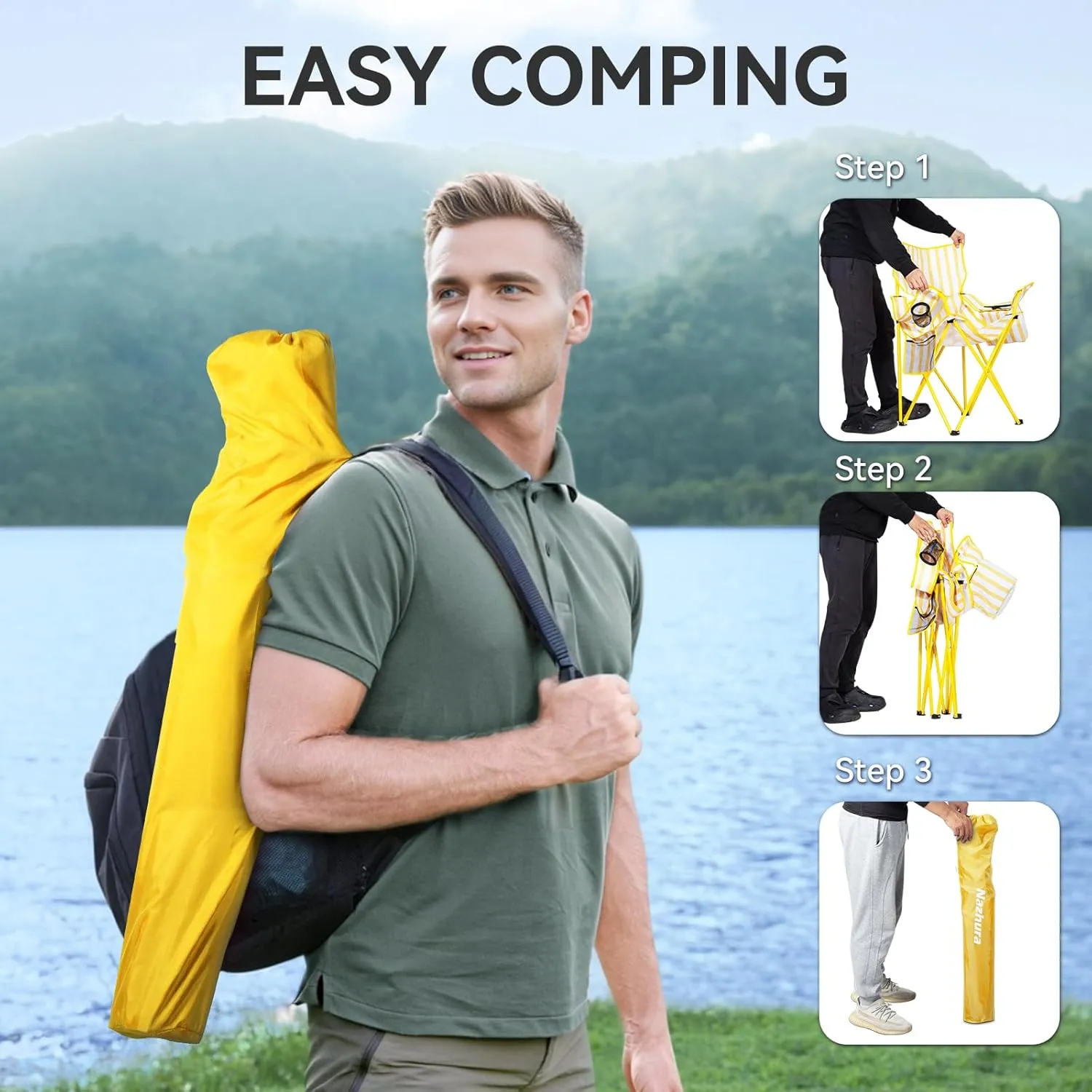 Nazhura 4 Pack Folding Camping Chair with Cooler Pouch, Mesh Backrest and Cup Holder Pocket (Yellow, 4 Pack)