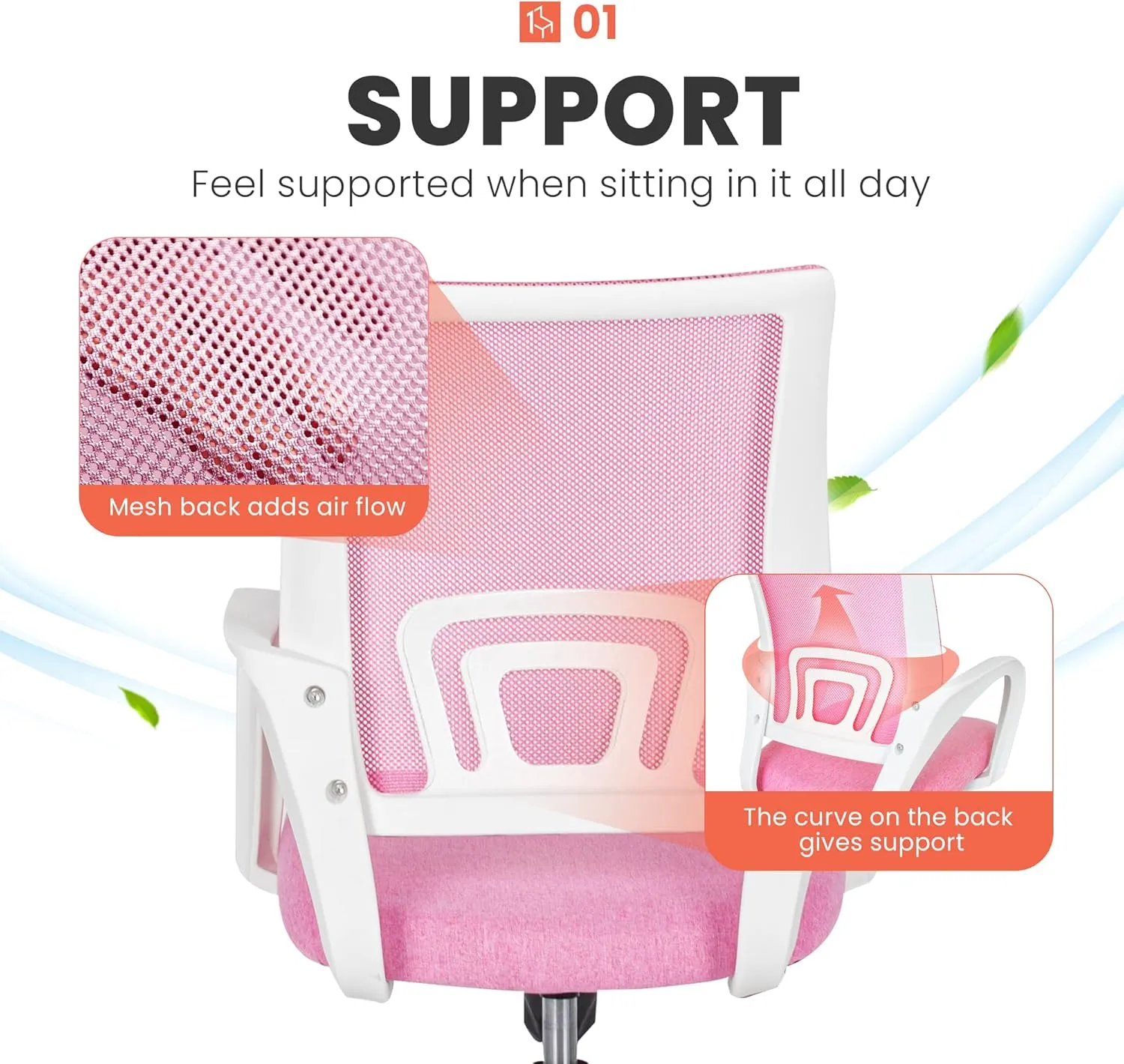 NEO CHAIR Office Desk Computer Chair Ergonomic Mesh Gaming Mid Back Seat with Comfy Lumbar Support Adjustable Height Swivel for Home Task (Pink)
