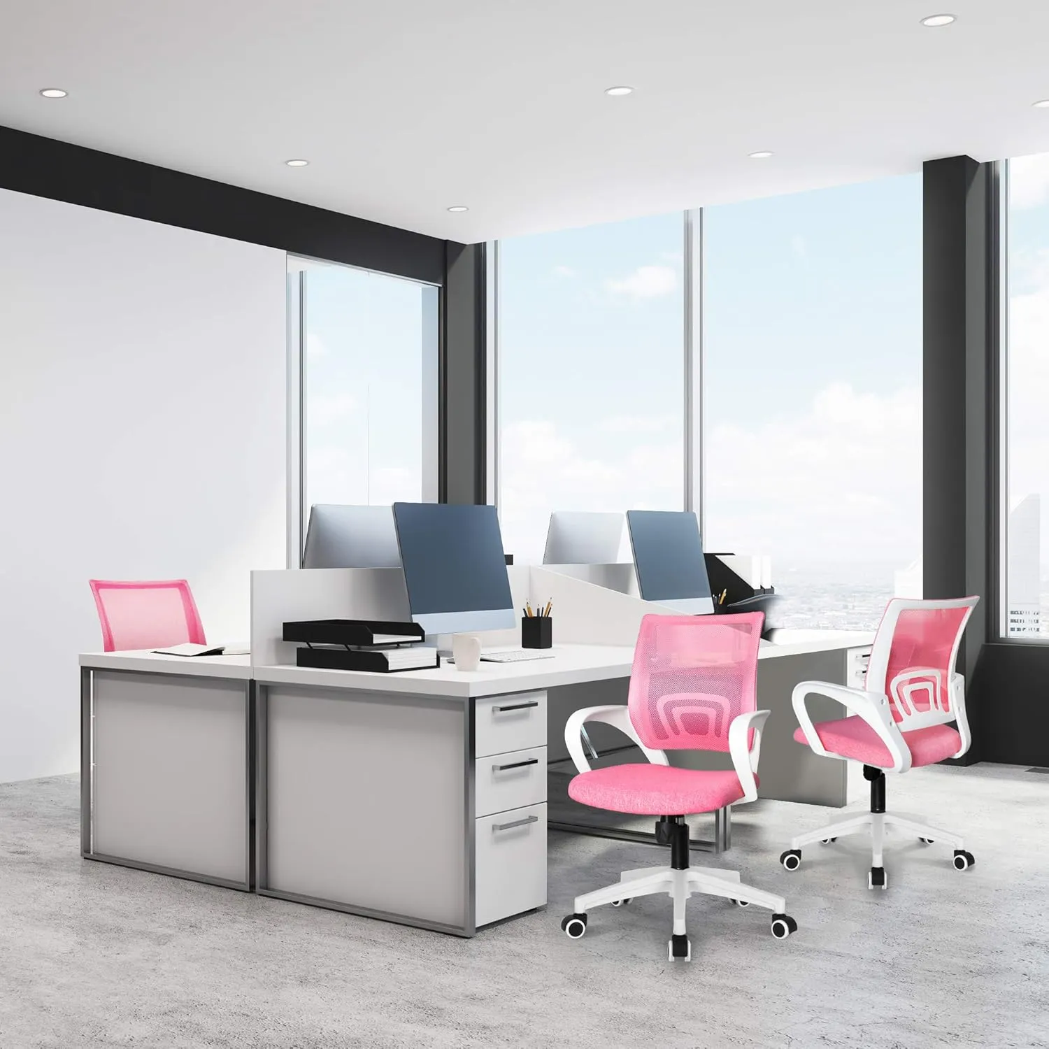 NEO CHAIR Office Desk Computer Chair Ergonomic Mesh Gaming Mid Back Seat with Comfy Lumbar Support Adjustable Height Swivel for Home Task (Pink)
