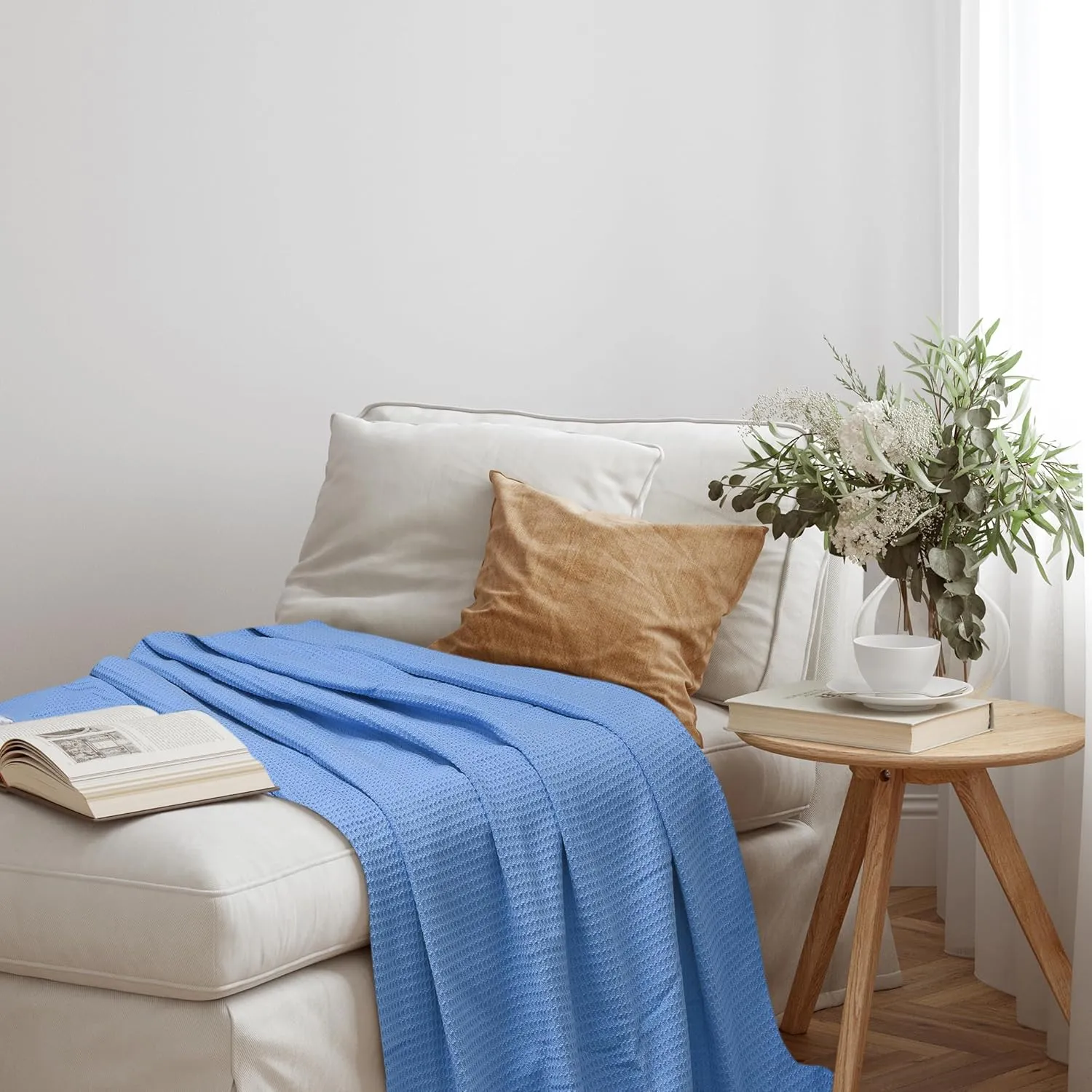 NesteriaHome 100% Cotton Blanket Waffle Weave Blue 405 GSM 90x108 Inches Soft Thermal Blanket King Size Lightweight, Breathable & Durable Summer Throw Blanket for Bed, Couches and Living Room
